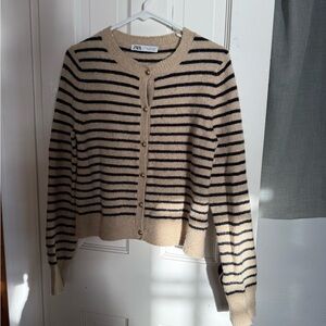 Zara Striped Crewneck Button Cardigan Sweater